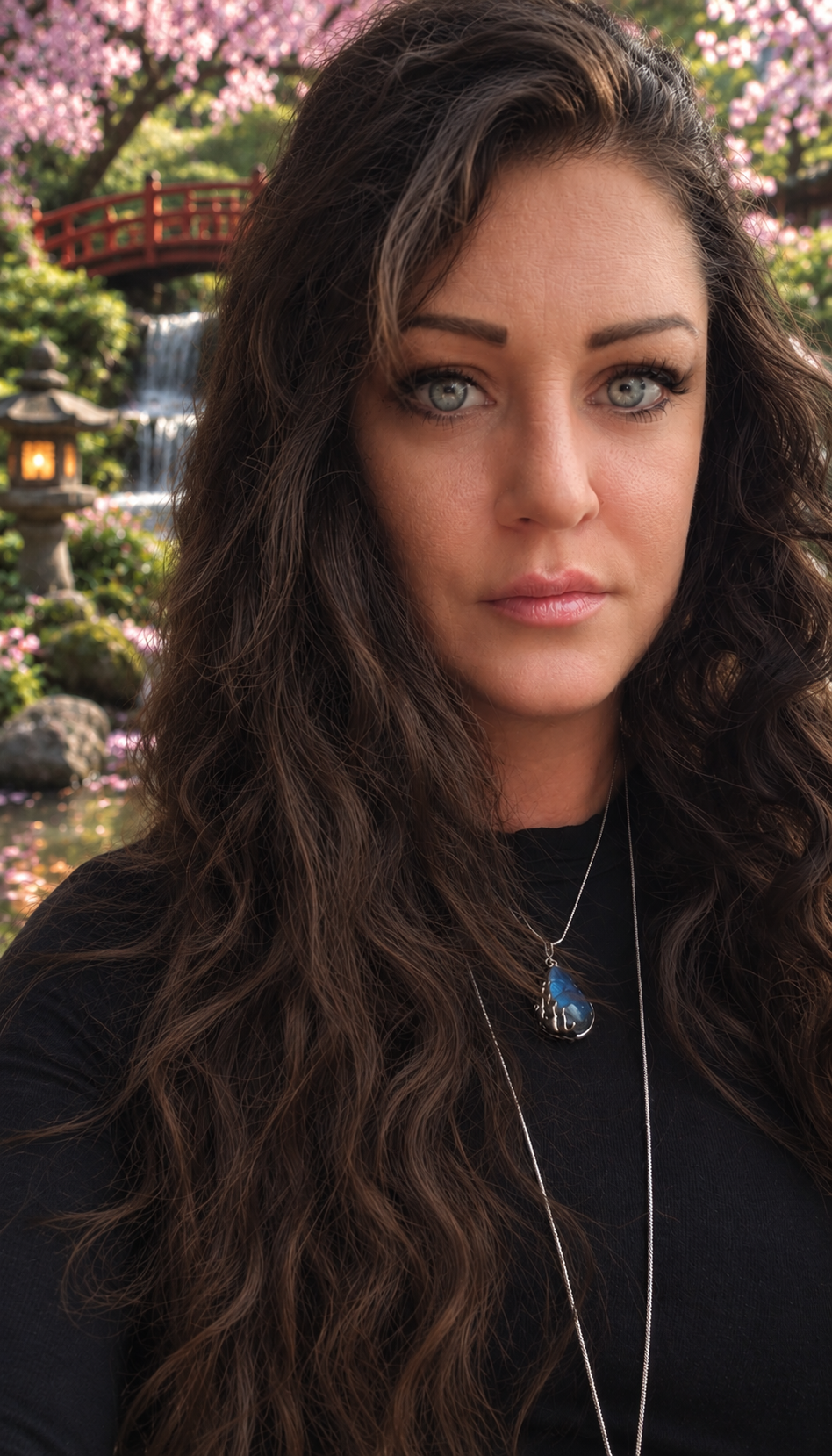 Heather Hooper in a cherry blossom garden
